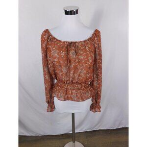 Boho Rust Floral Peasant Peplum Off Shoulder Blouse M